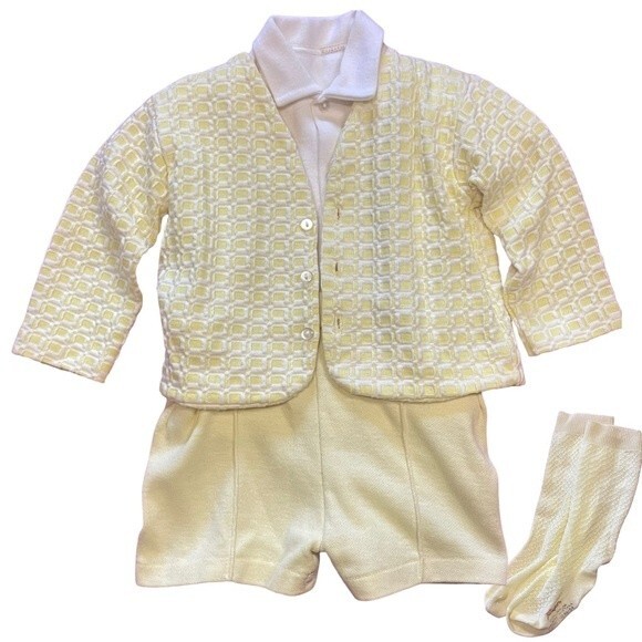 Vintage Heir Craft Yellow Baby Toddler Boy Outfit Shirt Overalls Jacket Socks - Picture 1 of 8